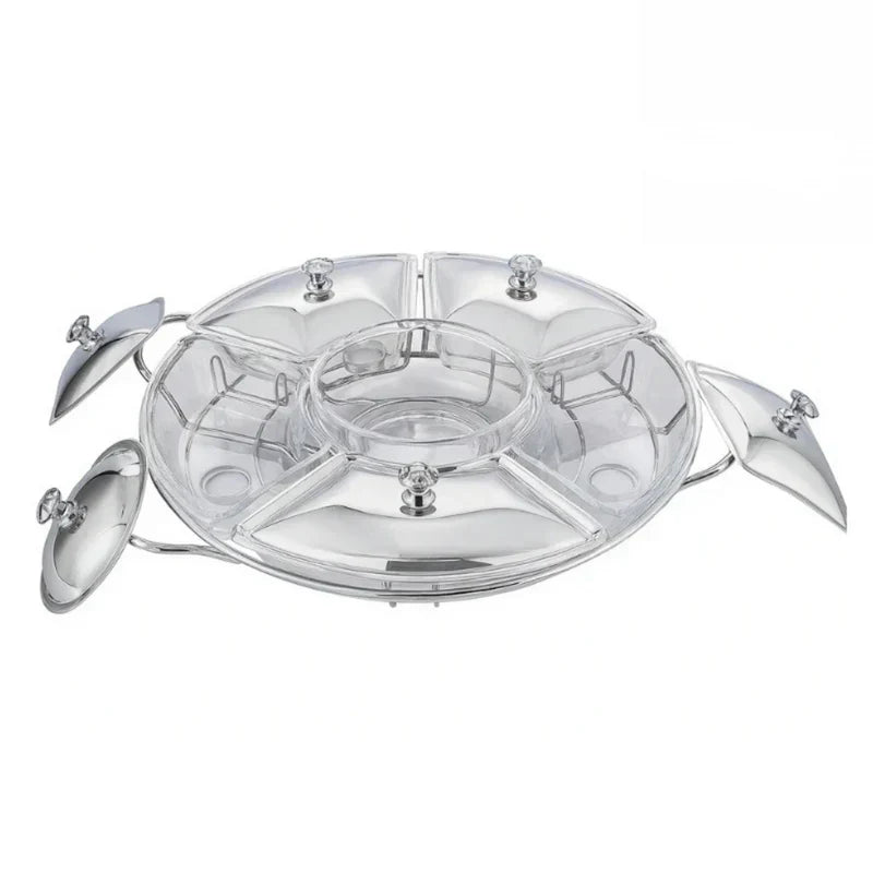 Rechaud Giratório Com 6 Compartimentos Aço Inox e Vidro 52cm